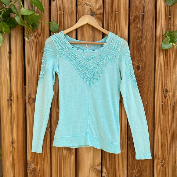 Free People Studded Mesh Aqua Long Sleeve - Picture 1 of 13
